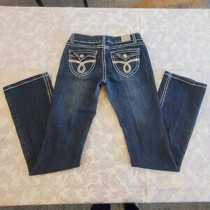 Miss Chic Dark Blue Wash Embellished Bling Low-rise Bootcut Jeans Thick Stitch 3